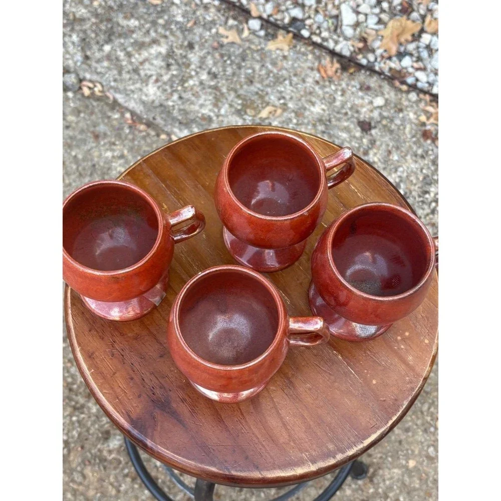 Vintage Diner Stoneware Mugs Iridescent Brown Glaze, 1970s Earth Tone Set of 4
